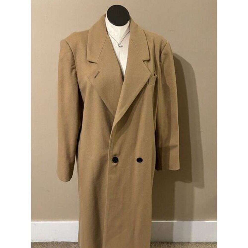 Size 18 Vintage 80s Adolfo Retro Camel Tan Wool Double Breasted Trench Coat